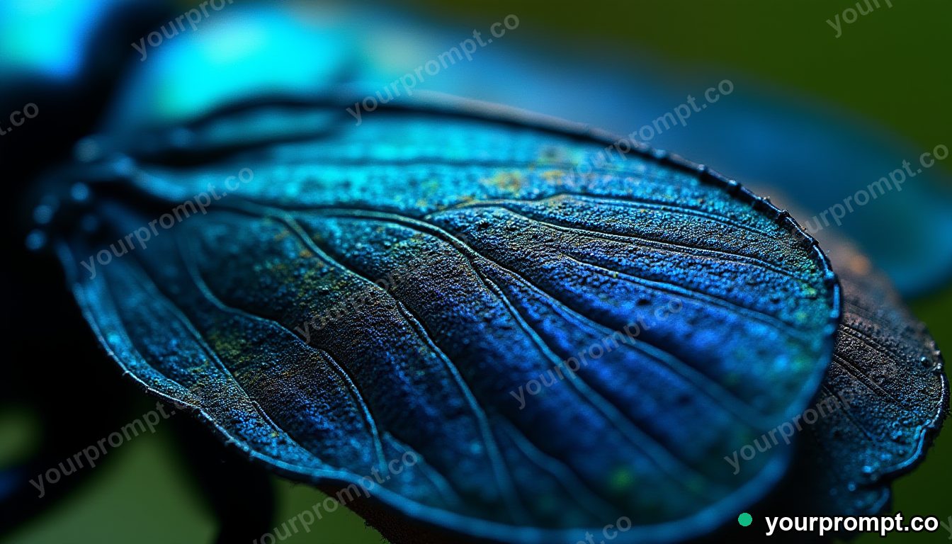 A peacock-blue beetle wing under bright light in extreme macro photograph style — AI-generated image from a text prompt