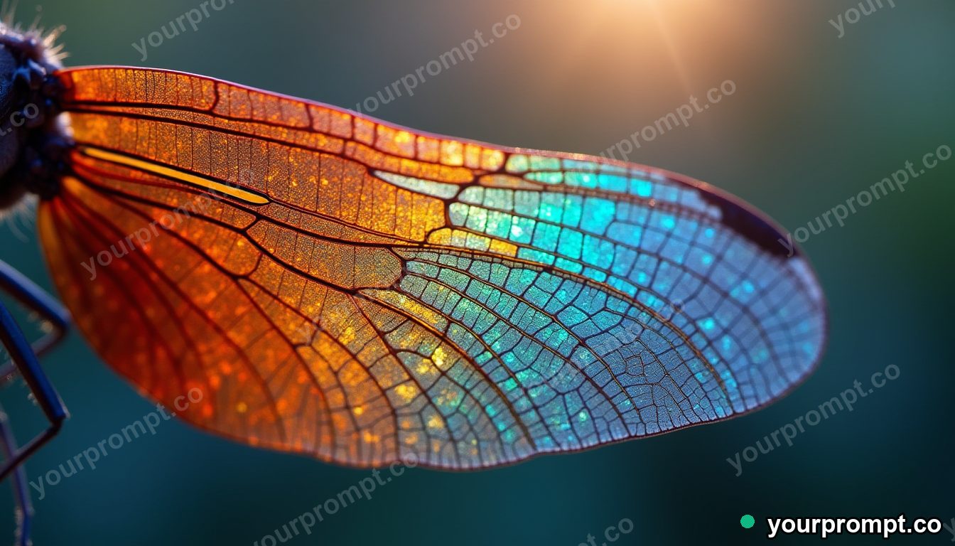 A dragonfly wing's vein lattice catching rainbow light in extreme macro photograph style — AI-generated image from a text prompt