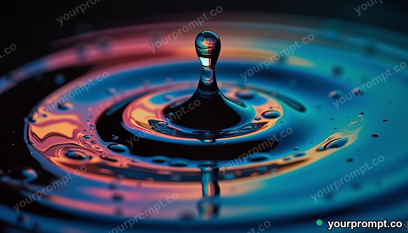 A drop of oil spreading rainbow swirls on dark water in extreme macro photograph style — AI-generated image from a text prompt