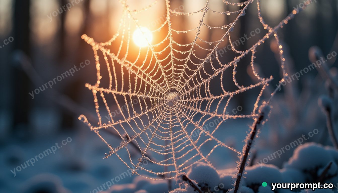 A frost-covered spiderweb sparkling at dawn in extreme macro photograph style — AI-generated image from a text prompt