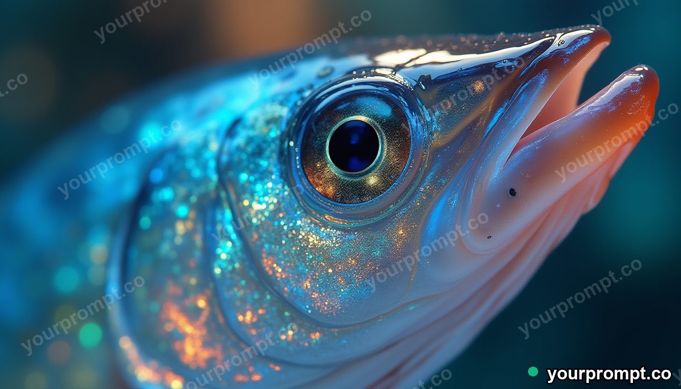 A single fish scale shimmering with iridescent color in extreme macro photograph style — AI-generated image from a text prompt