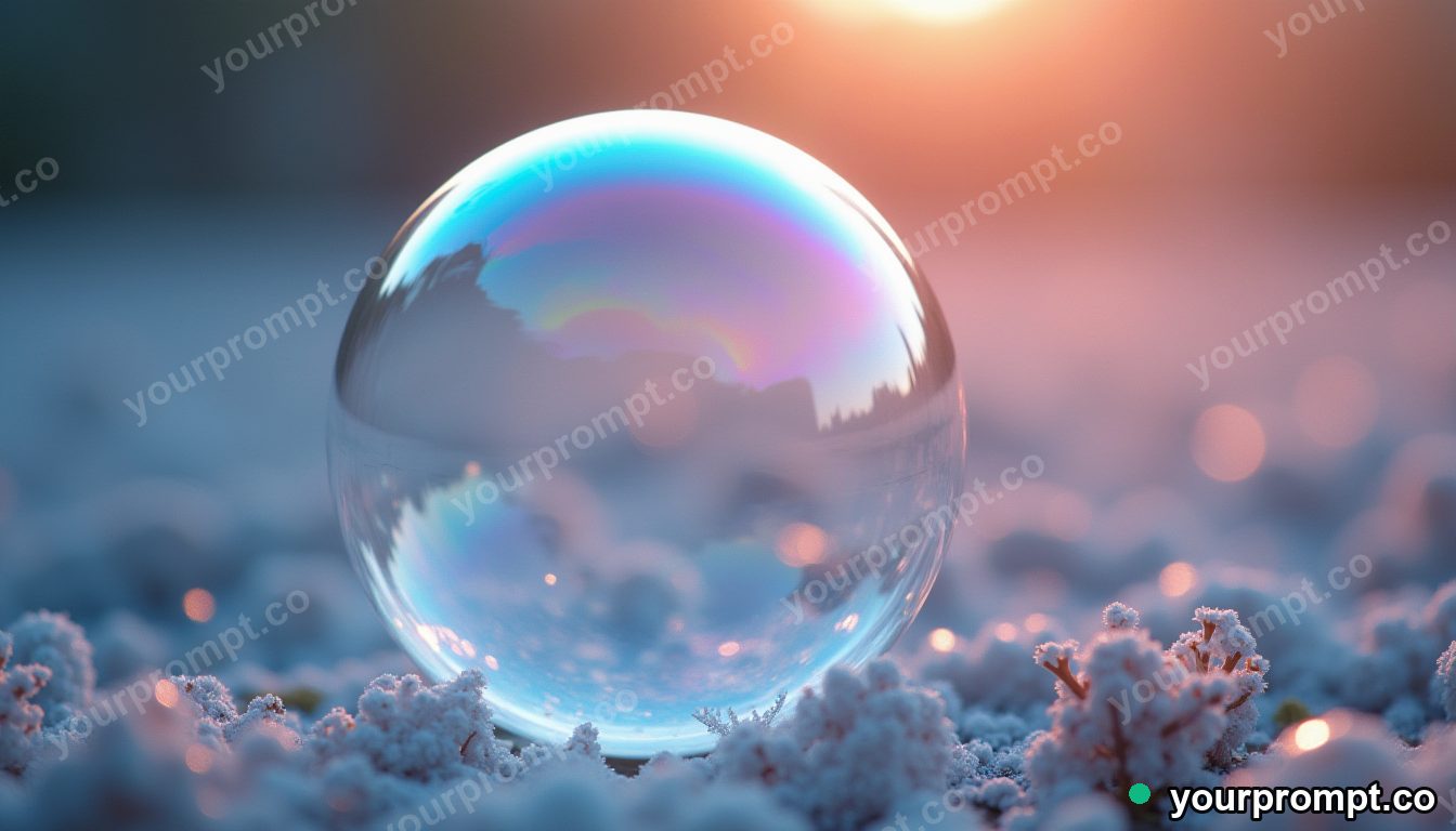 A soap bubble bursting with prismatic edges in extreme macro photograph style — AI-generated image from a text prompt