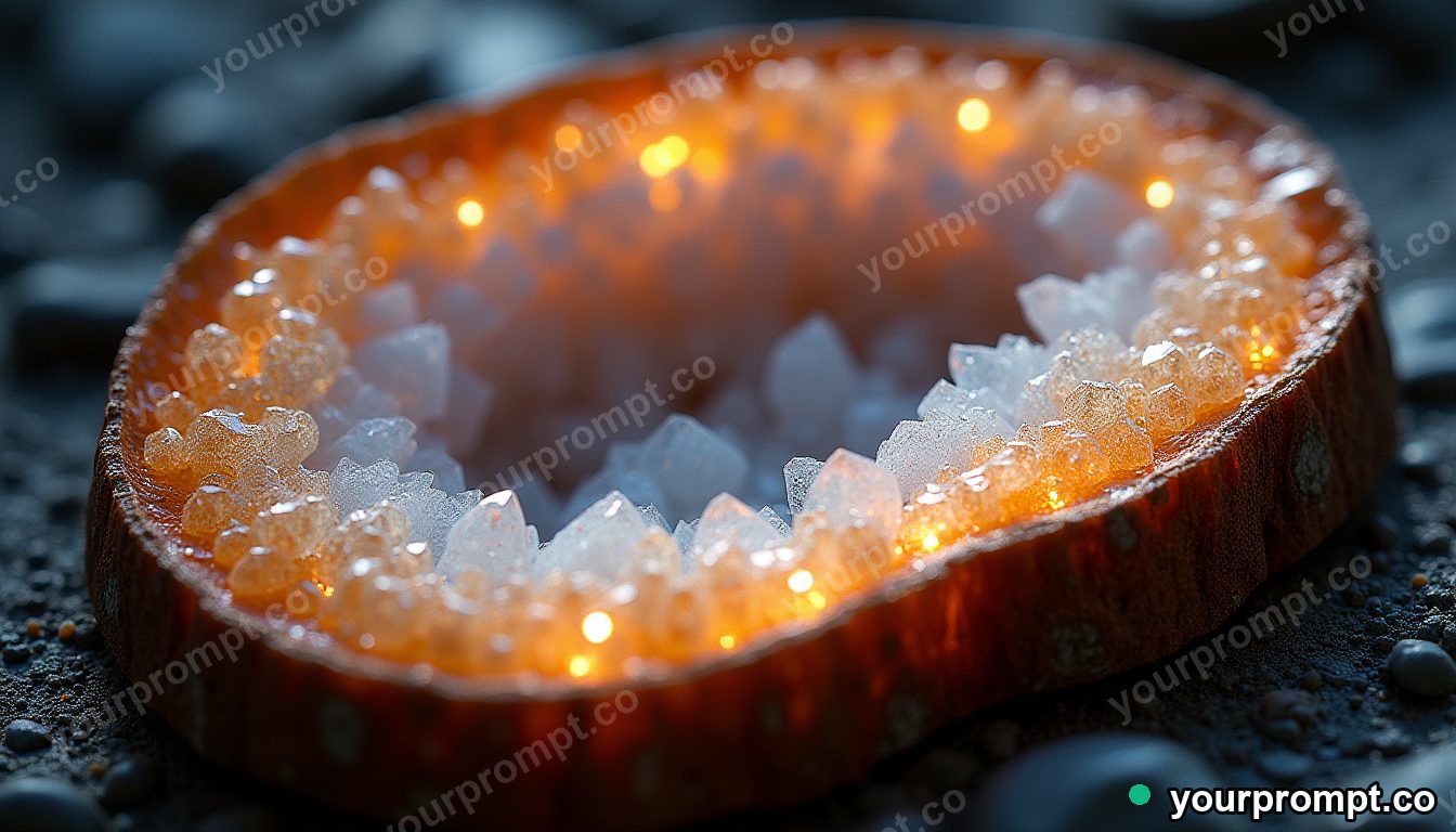 A sliced geode glittering with tiny crystals in extreme macro photograph style — AI-generated image from a text prompt