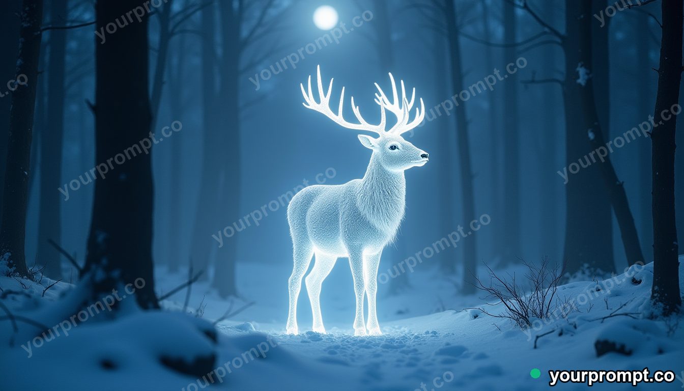 A glowing white stag standing in a moonlit snowy forest in epic fantasy concept art style — AI-generated image from a text prompt