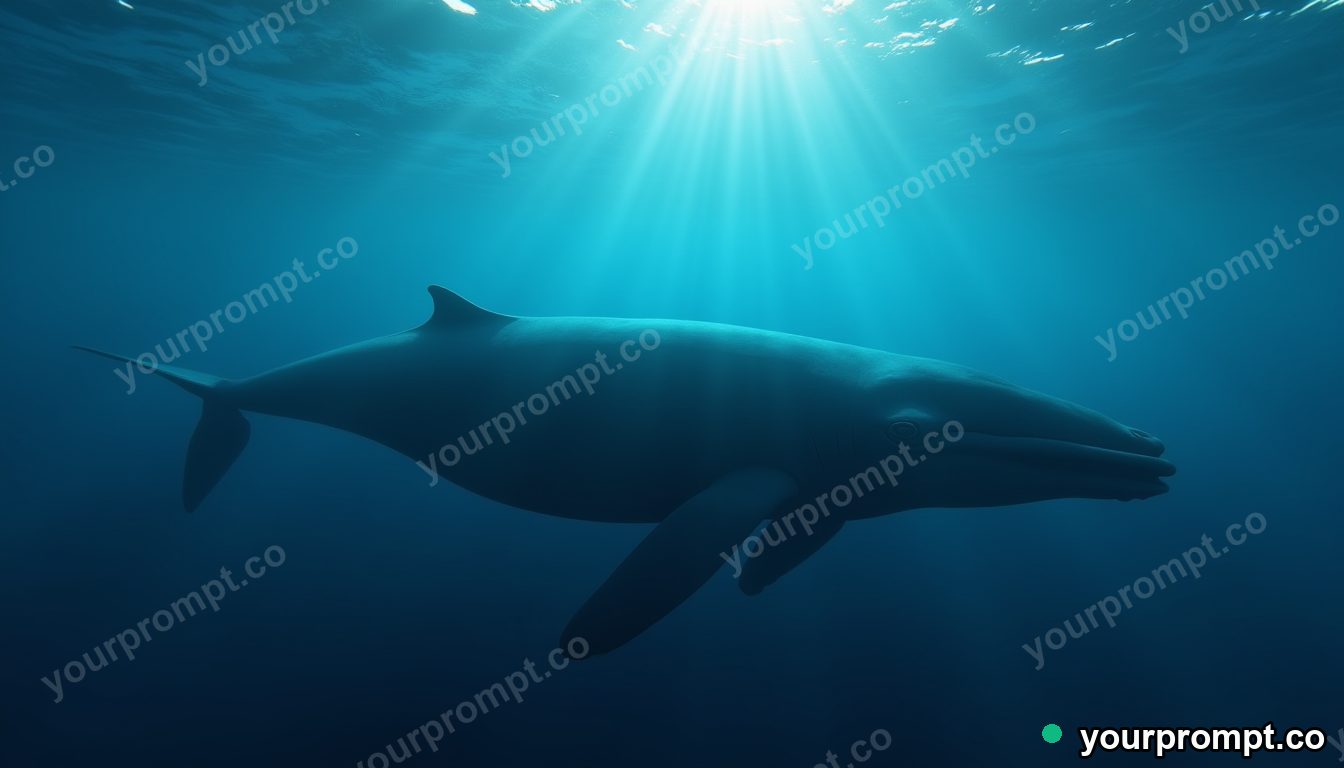 A serene blue whale drifting through a sunlit shallow sea in cinematic film still style — AI-generated image from a text prompt