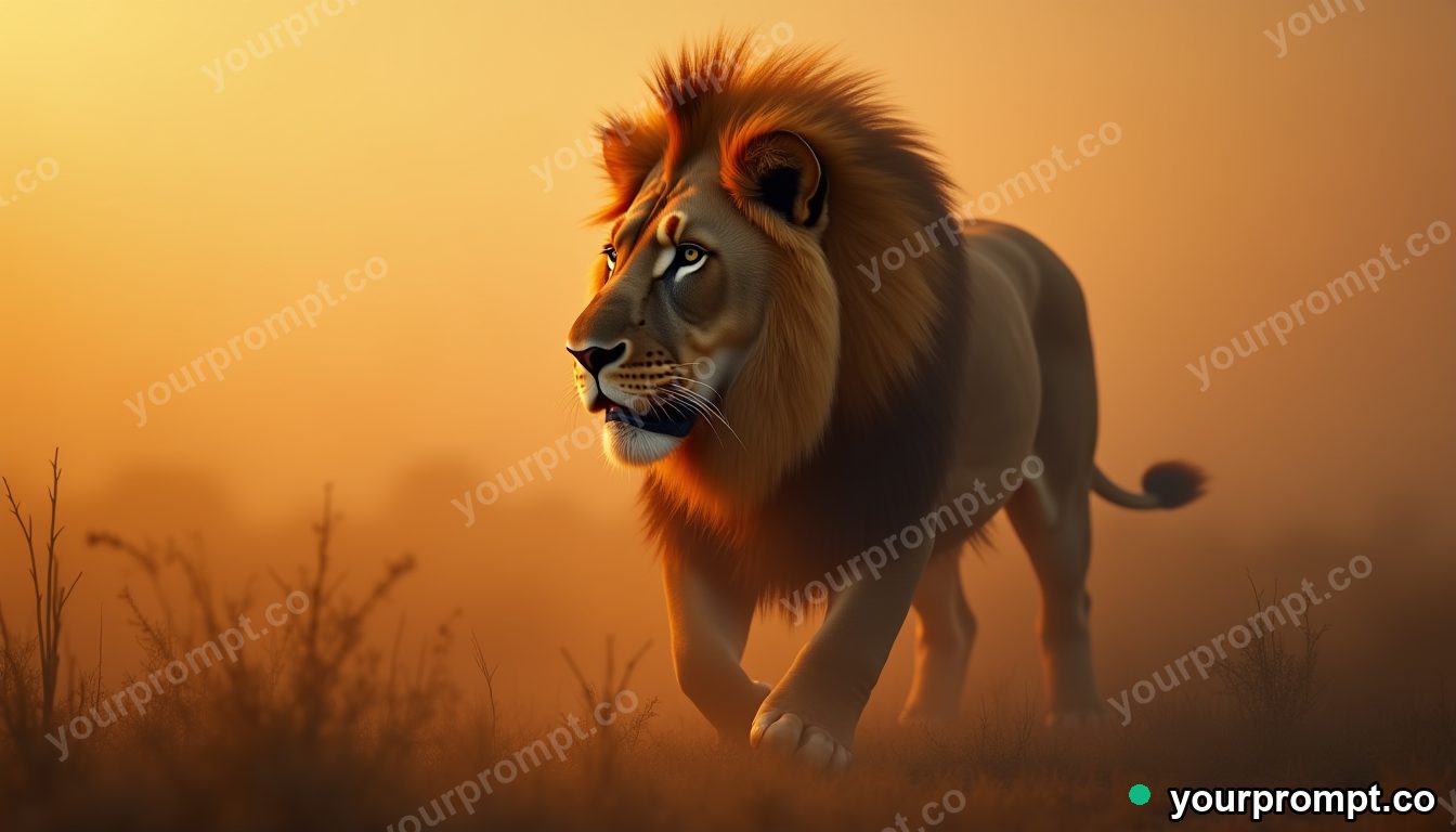 A majestic lion with a mane of soft golden light at dusk in matte concept painting style — AI-generated image from a text prompt