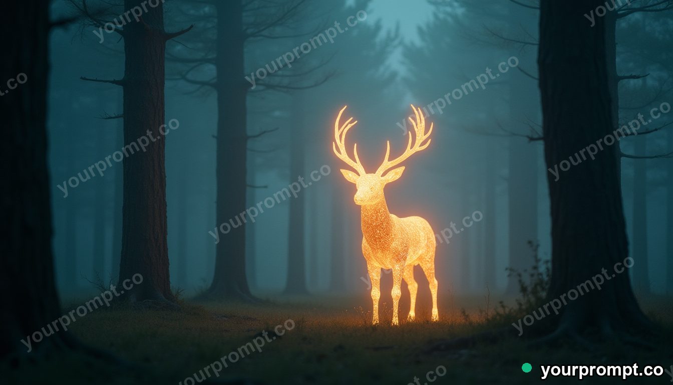 A gentle forest spirit shaped like a glowing deer in cinematic film still style — AI-generated image from a text prompt