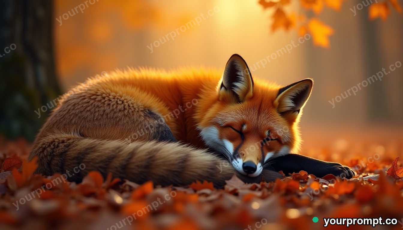 A sleeping fox wrapped in its tail under glowing autumn leaves in matte concept painting style — AI-generated image from a text prompt