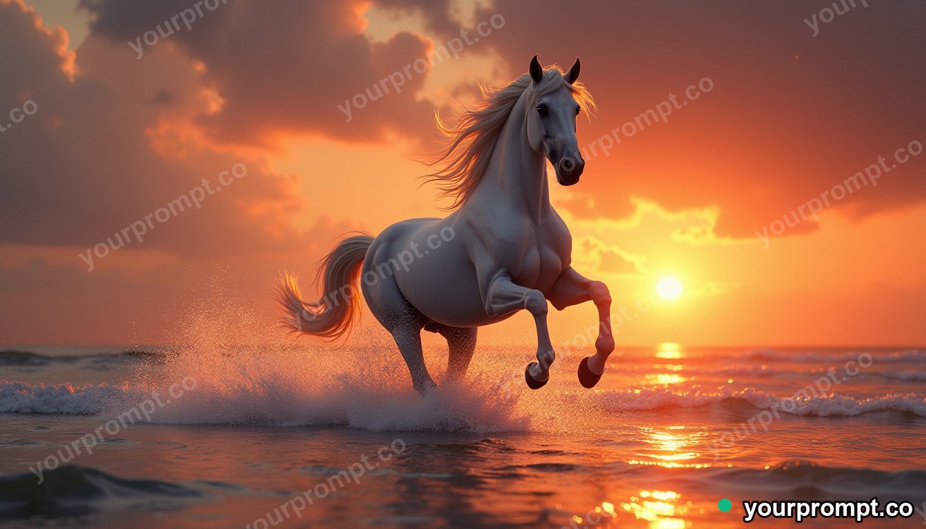 A regal horse galloping through shallow water at sunset in epic fantasy concept art style — AI-generated image from a text prompt