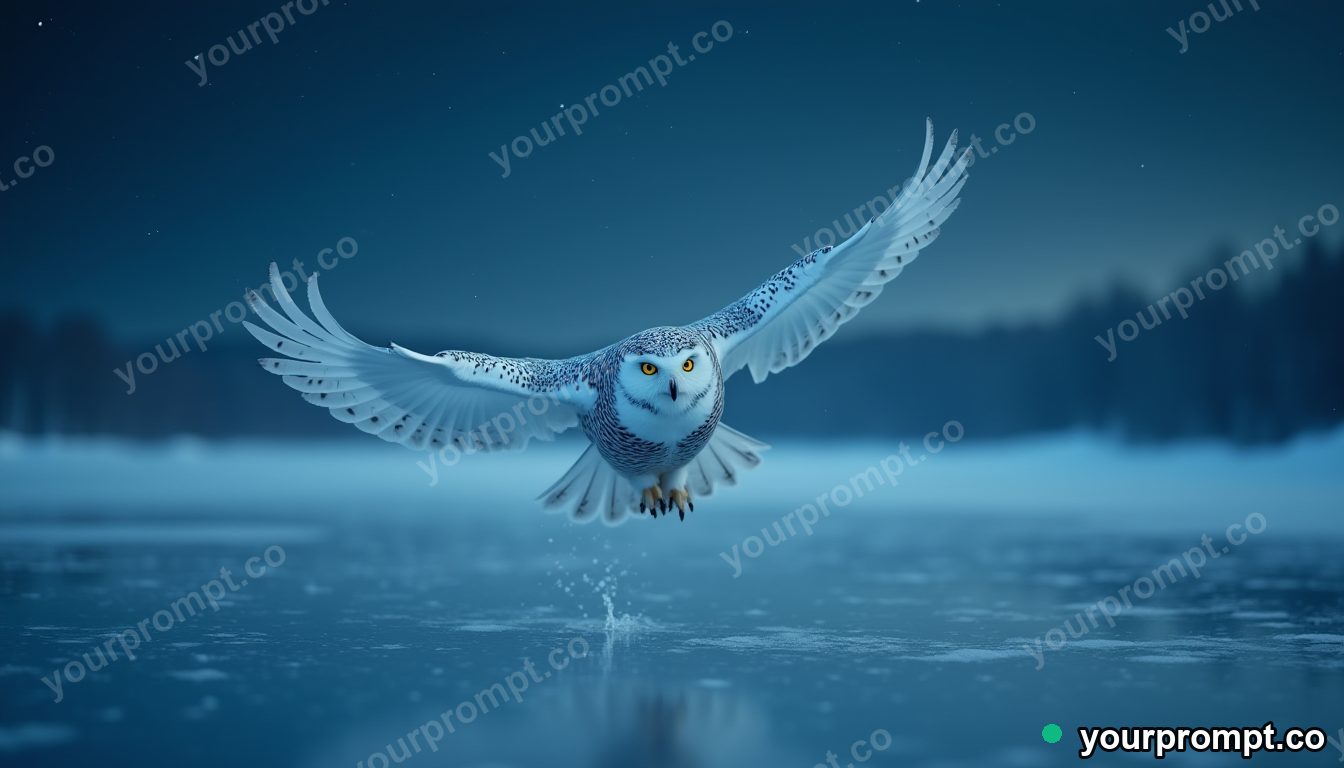 A snowy owl gliding silently over a frozen lake at night in cinematic film still style — AI-generated image from a text prompt