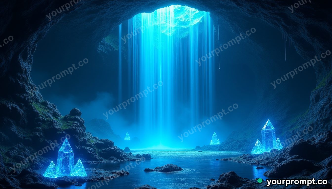 A hidden waterfall grotto lit by glowing blue crystals in epic fantasy concept art style — AI-generated image from a text prompt