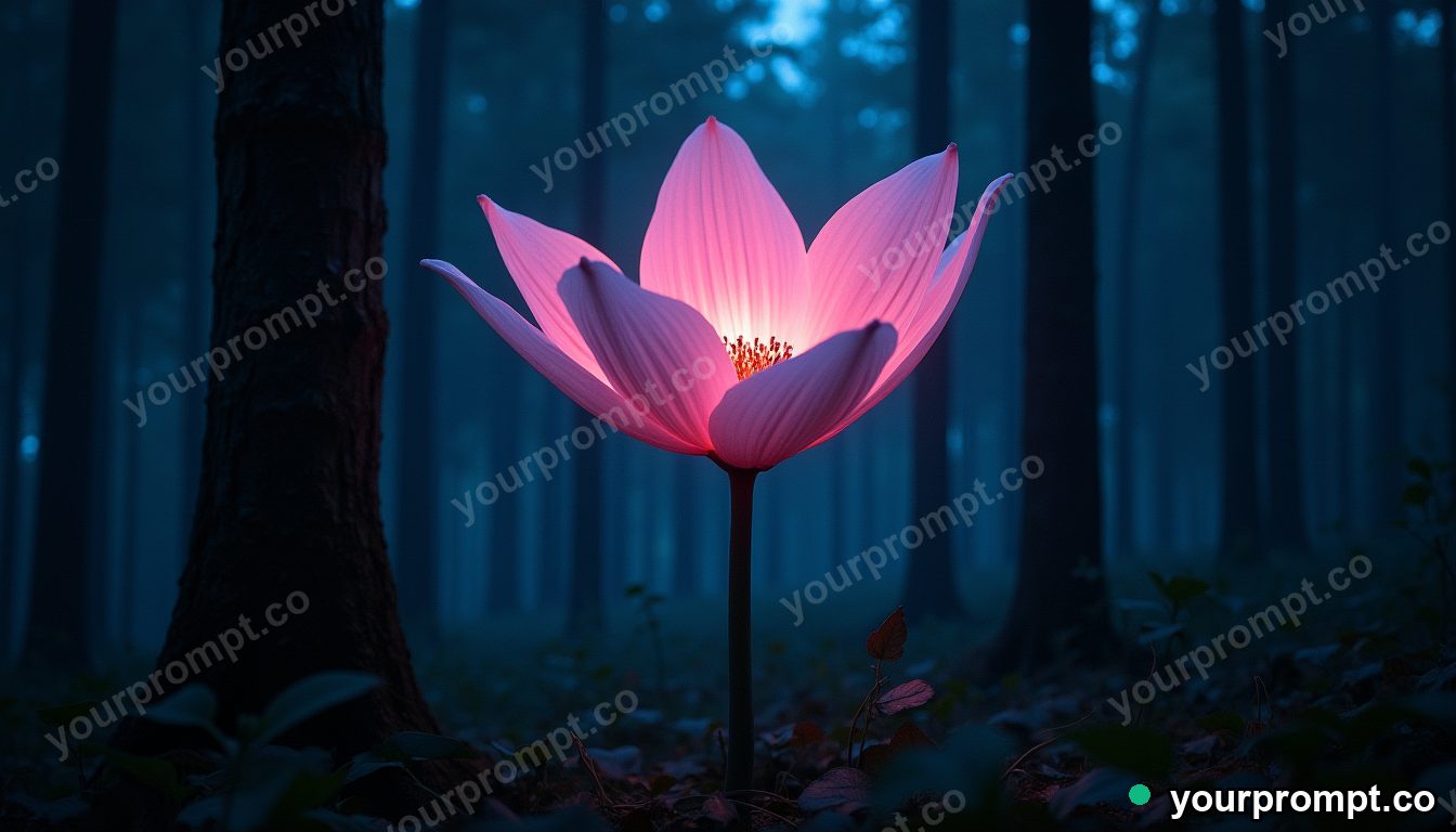 A giant glowing flower blooming in a midnight forest in cinematic film still style — AI-generated image from a text prompt