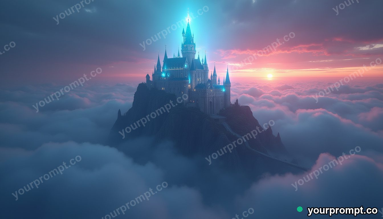 A castle of light floating among the clouds at dusk in epic fantasy concept art style — AI-generated image from a text prompt