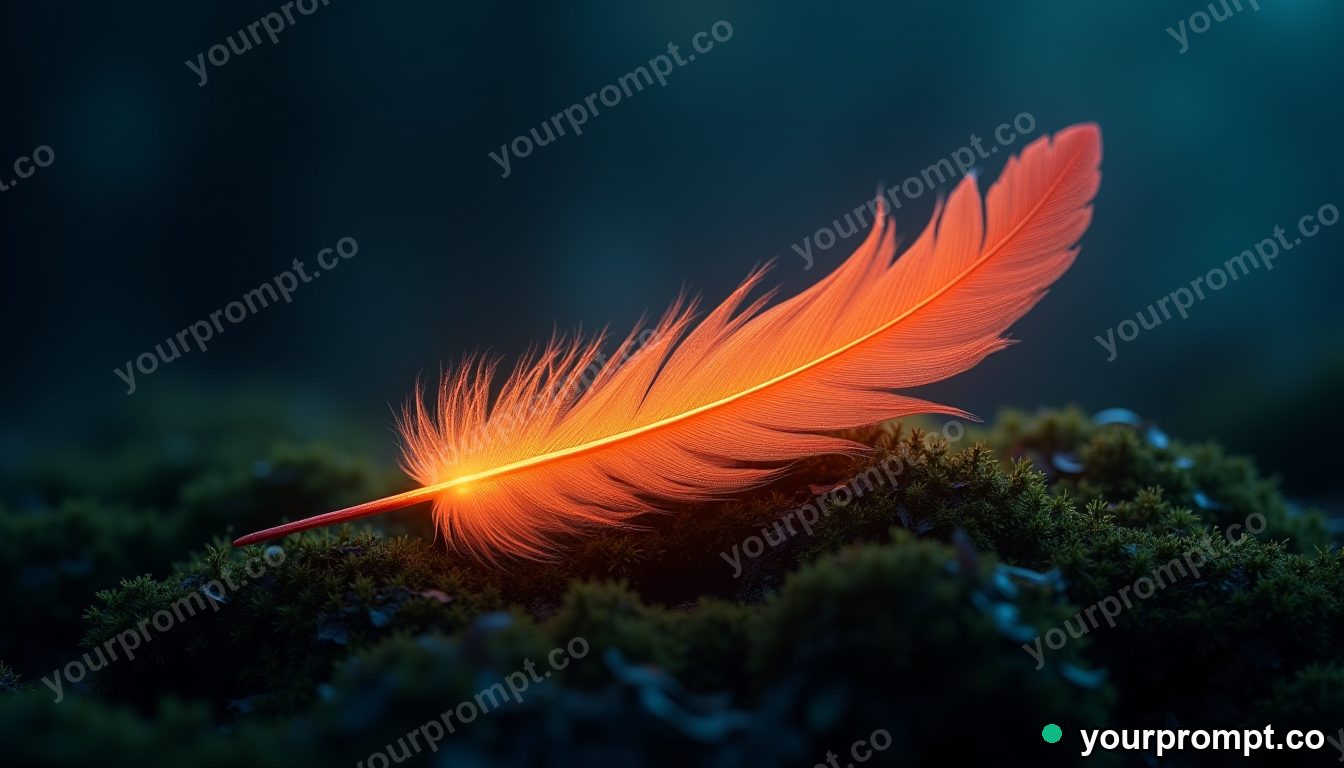 A glowing phoenix feather resting on dark moss in matte concept painting style — AI-generated image from a text prompt