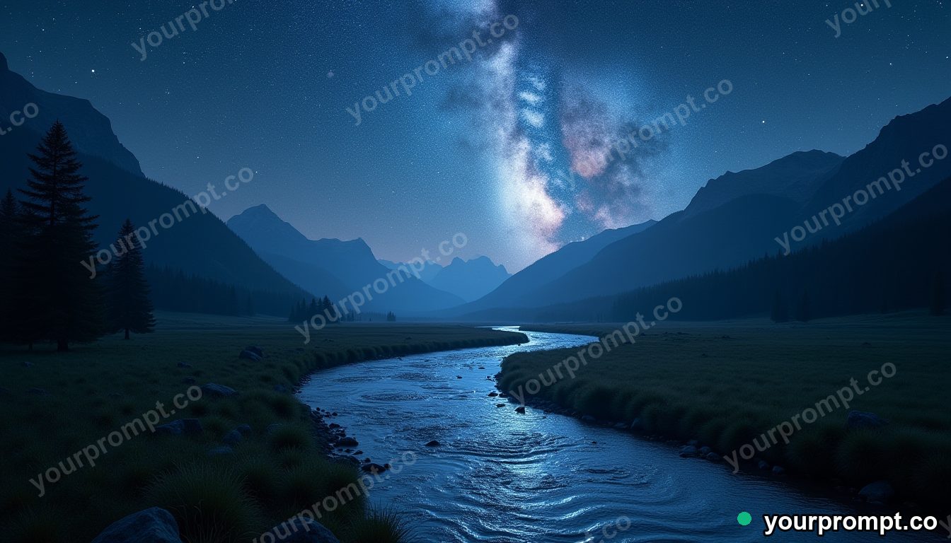 A river of stars winding through an enchanted valley in cinematic film still style — AI-generated image from a text prompt