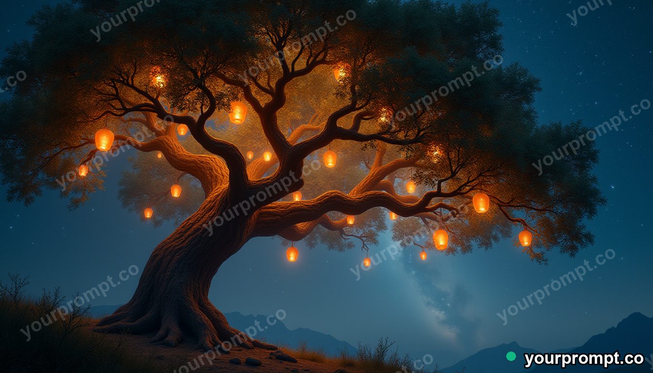 A tree with leaves of soft glowing lanterns in epic fantasy concept art style — AI-generated image from a text prompt
