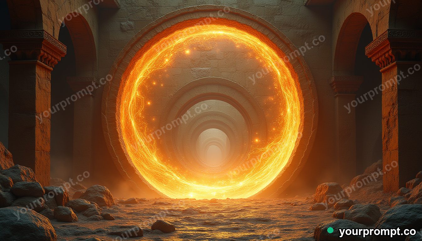 A swirling golden magic portal in ancient ruins in matte concept painting style — AI-generated image from a text prompt