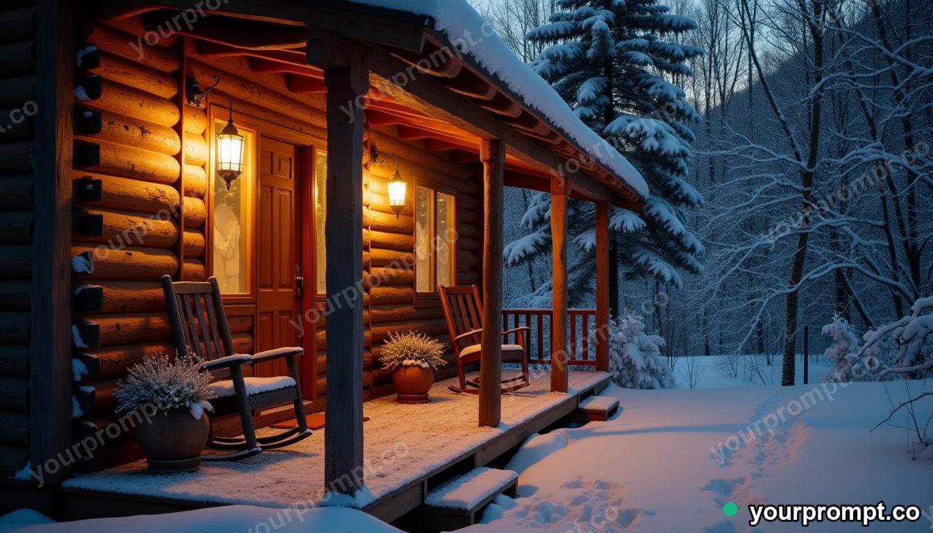 A snowy cabin porch with glowing lanterns and a rocking chair in golden-hour photography style — AI-generated image from a text prompt