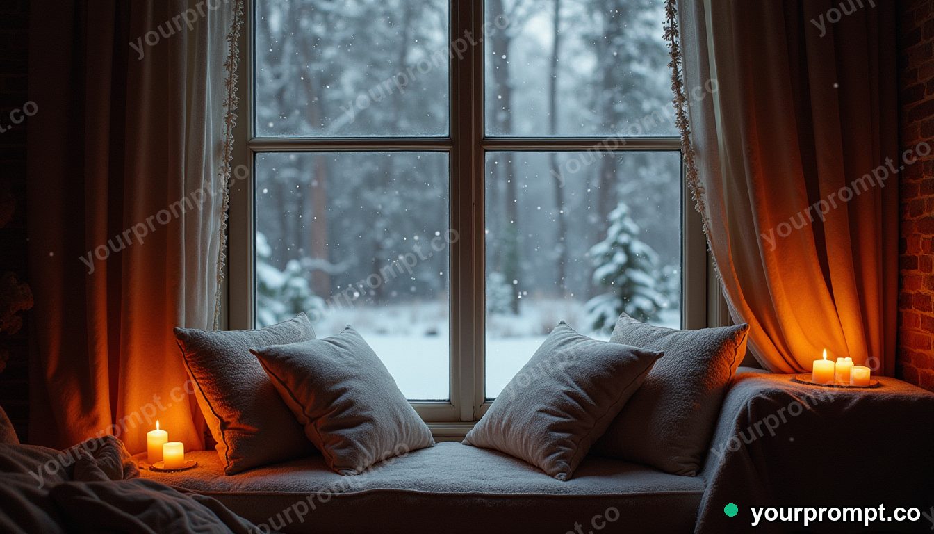 A window seat piled with cushions overlooking falling snow in photorealistic style — AI-generated image from a text prompt
