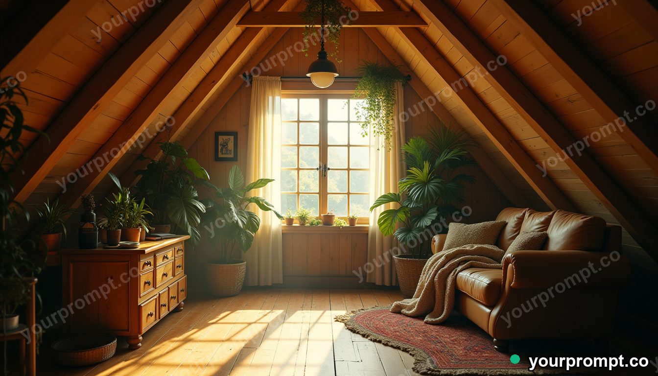 A cozy attic studio with warm light and trailing plants in cinematic film still style — AI-generated image from a text prompt