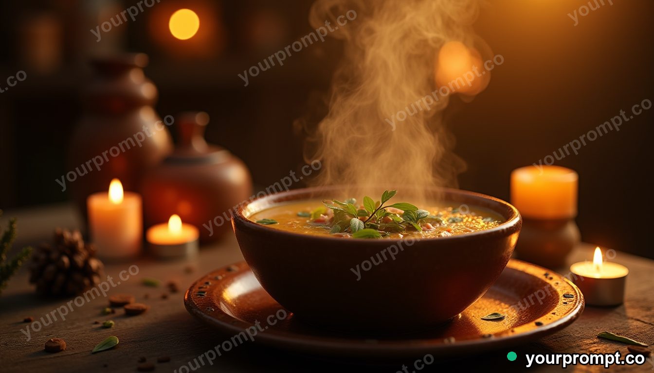 A steaming bowl of soup on a rustic table by candlelight in golden-hour photography style — AI-generated image from a text prompt