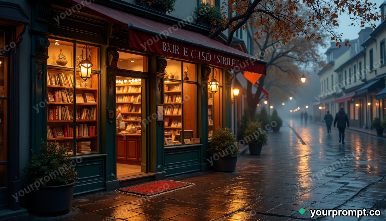 A small bookshop cafe glowing on a rainy autumn street in photorealistic style — AI-generated image from a text prompt