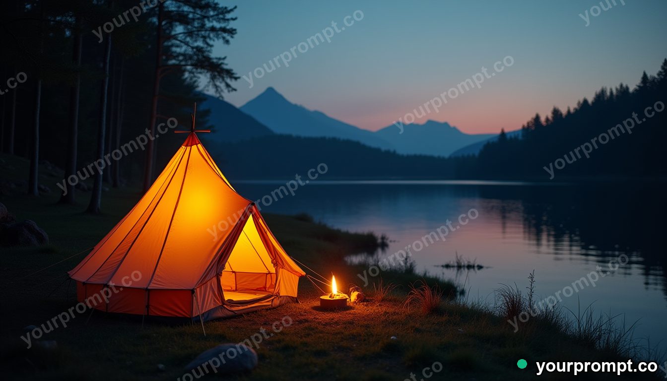 A tent glowing warmly beside a calm lake at dusk in cinematic film still style — AI-generated image from a text prompt