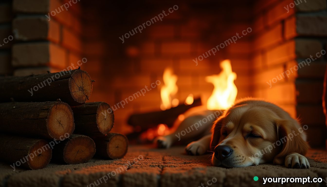 A fireplace with stacked logs and a sleeping dog in golden-hour photography style — AI-generated image from a text prompt