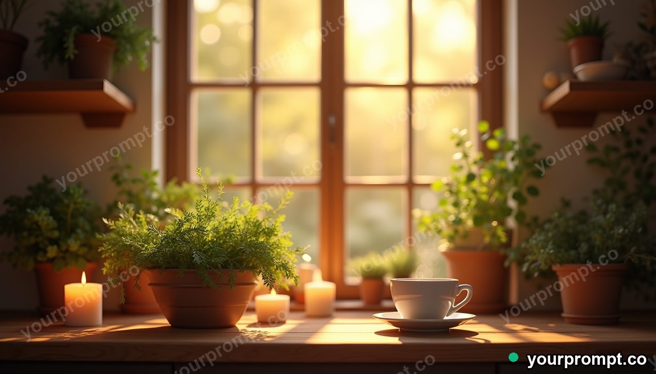 A sunlit kitchen window with herbs and morning coffee in photorealistic style — AI-generated image from a text prompt