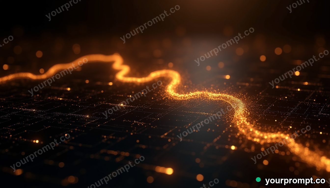 A flowing river of golden data over a dark grid in polished advertising render style — AI-generated image from a text prompt