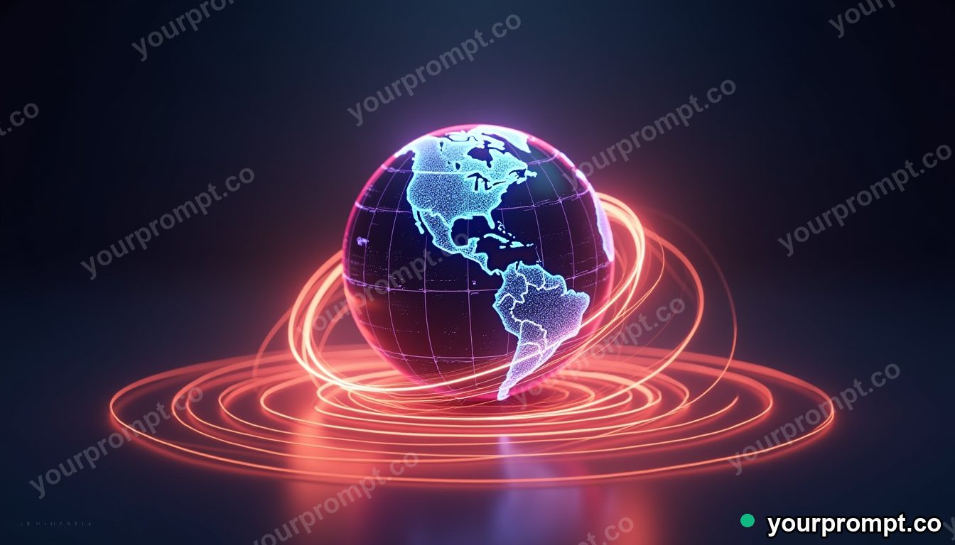 A glowing holographic globe wrapped in light trails in hyperrealistic 3D render style — AI-generated image from a text prompt