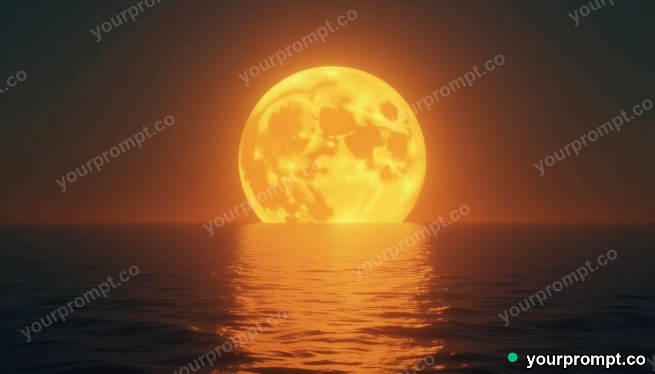 A giant glowing moon resting on a calm ocean horizon