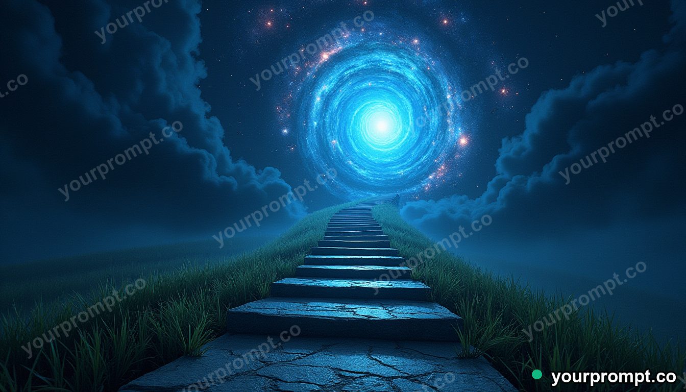 A staircase spiraling down into a galaxy beneath a meadow