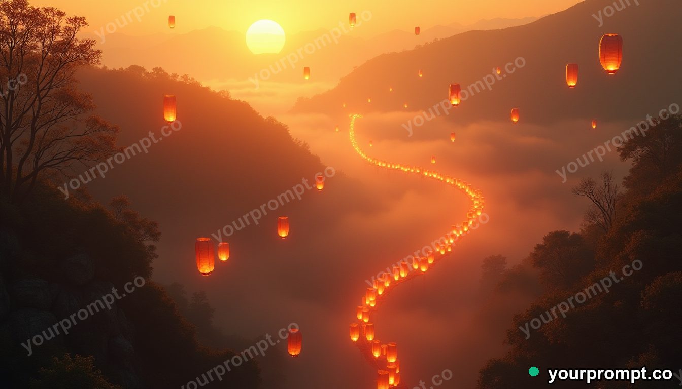 A train of paper lanterns floating through a misty valley
