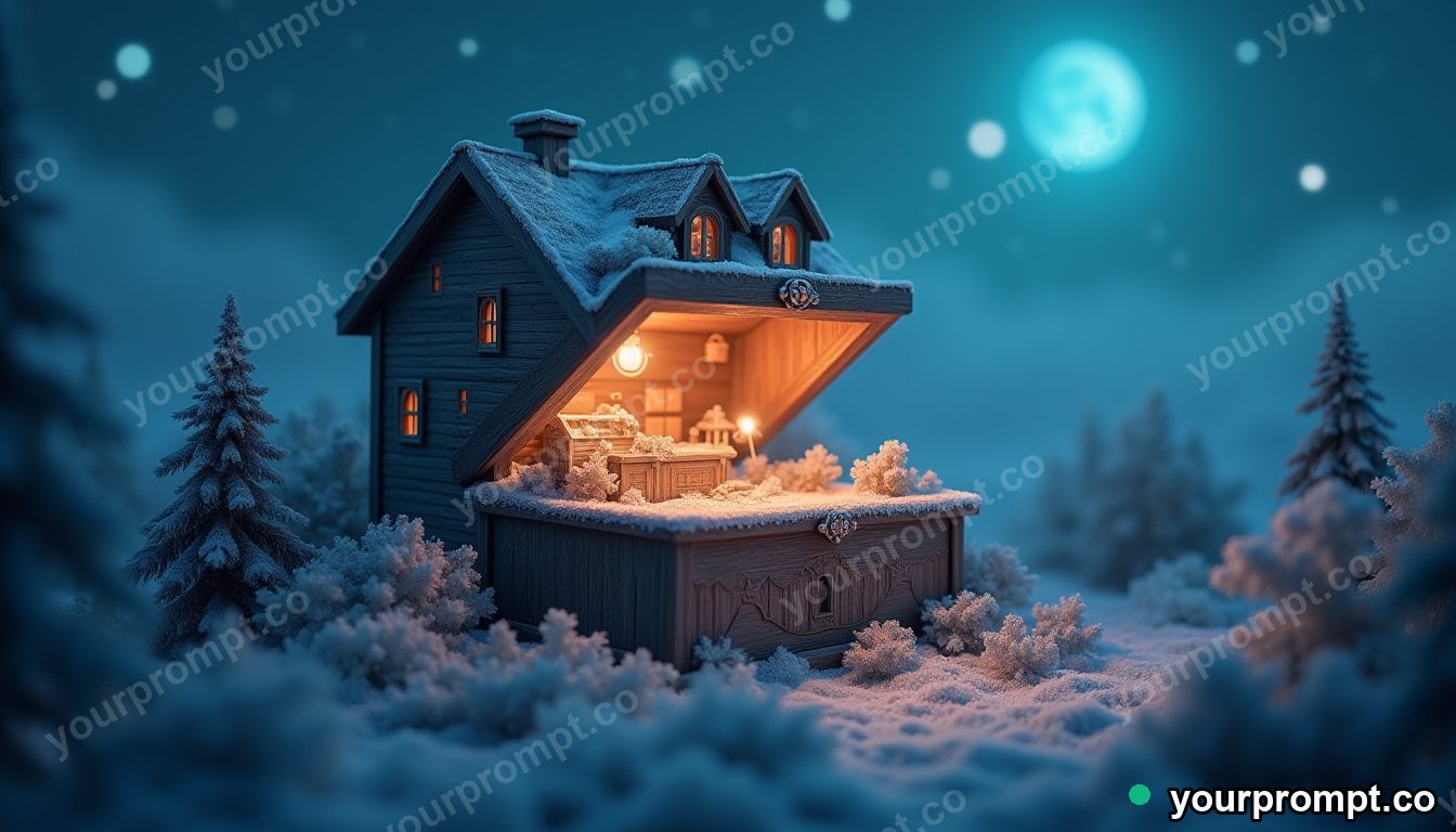 A house-sized music box opening over a sleeping town