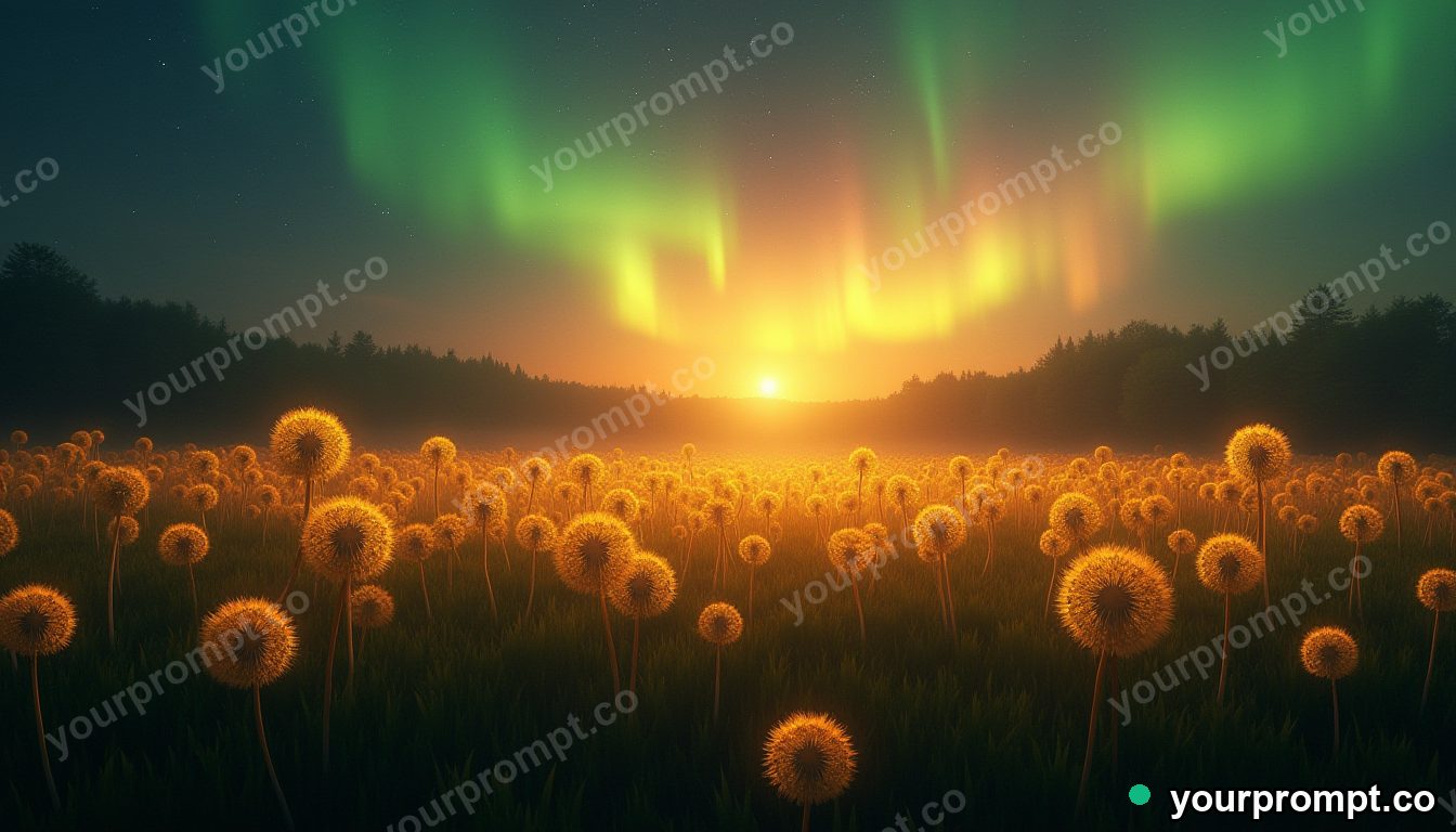 A forest of giant glowing dandelions under an aurora