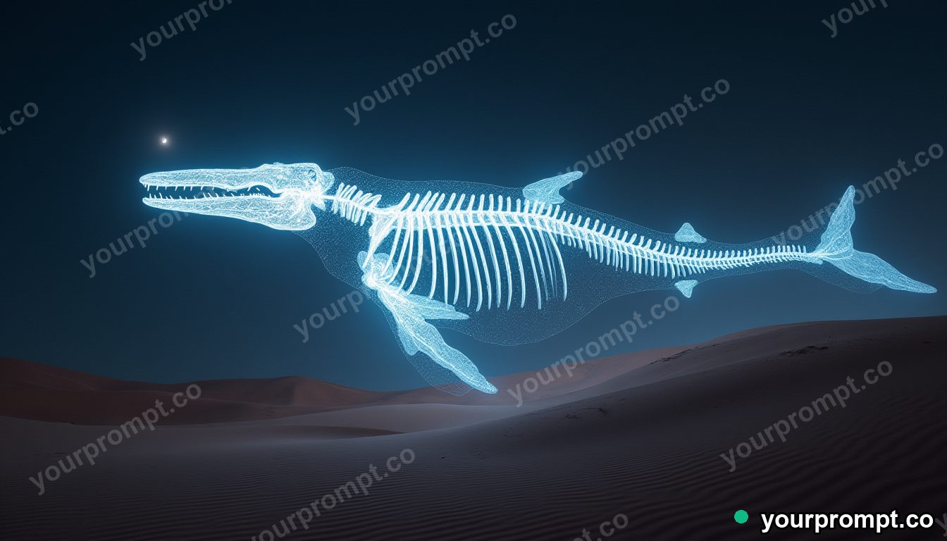 A whale skeleton of light drifting over desert dunes in epic fantasy concept art style — AI-generated image from a text prompt