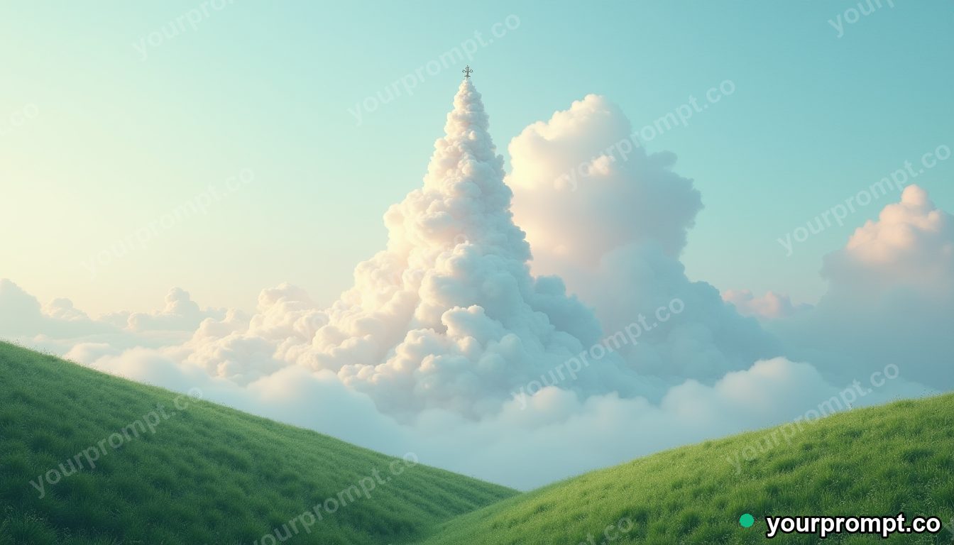 A chess king made of clouds towering over green hills in dreamy pastel style — AI-generated image from a text prompt
