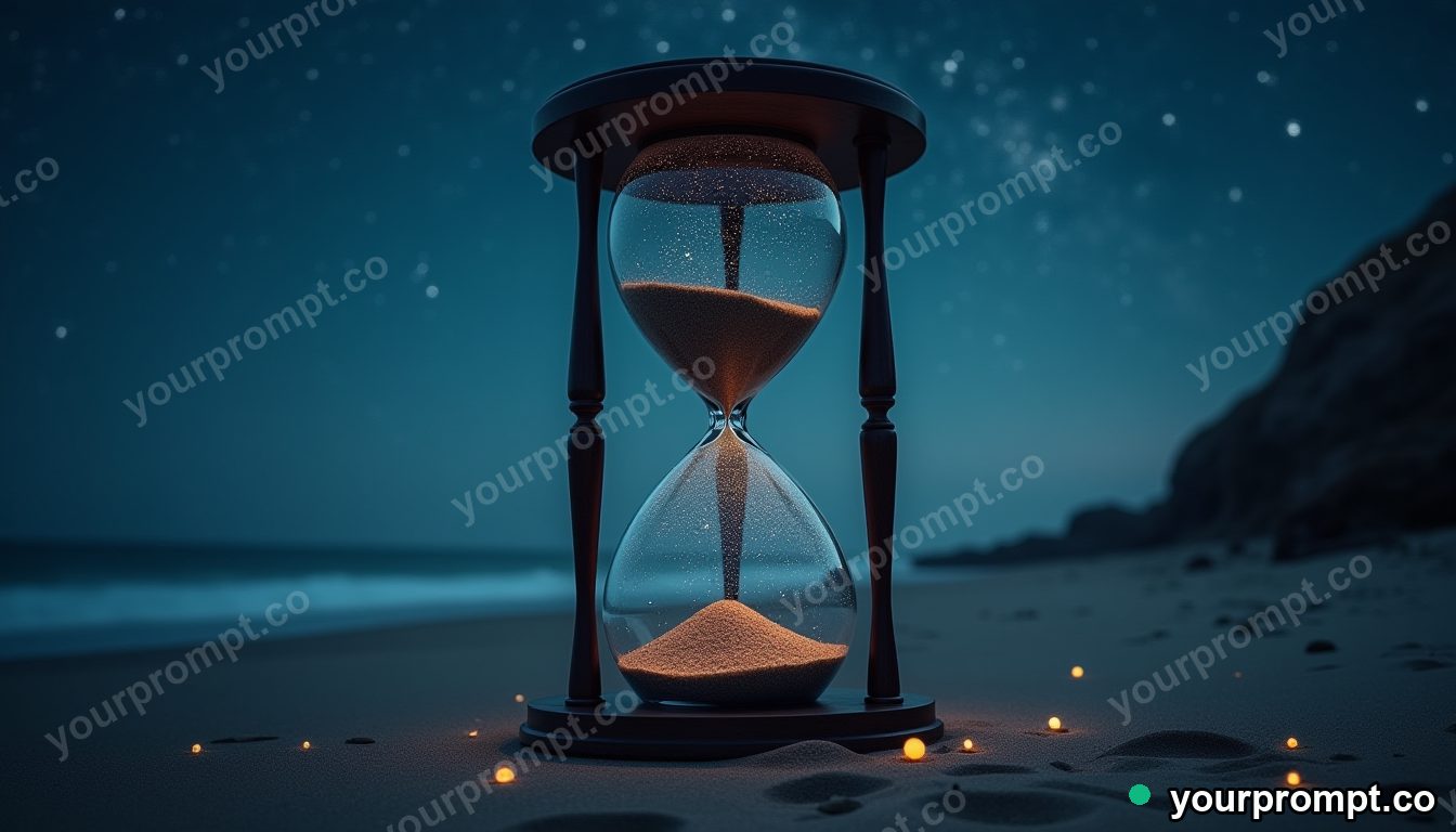 A giant hourglass on a beach with stars pouring out of it in cinematic film still style — AI-generated image from a text prompt