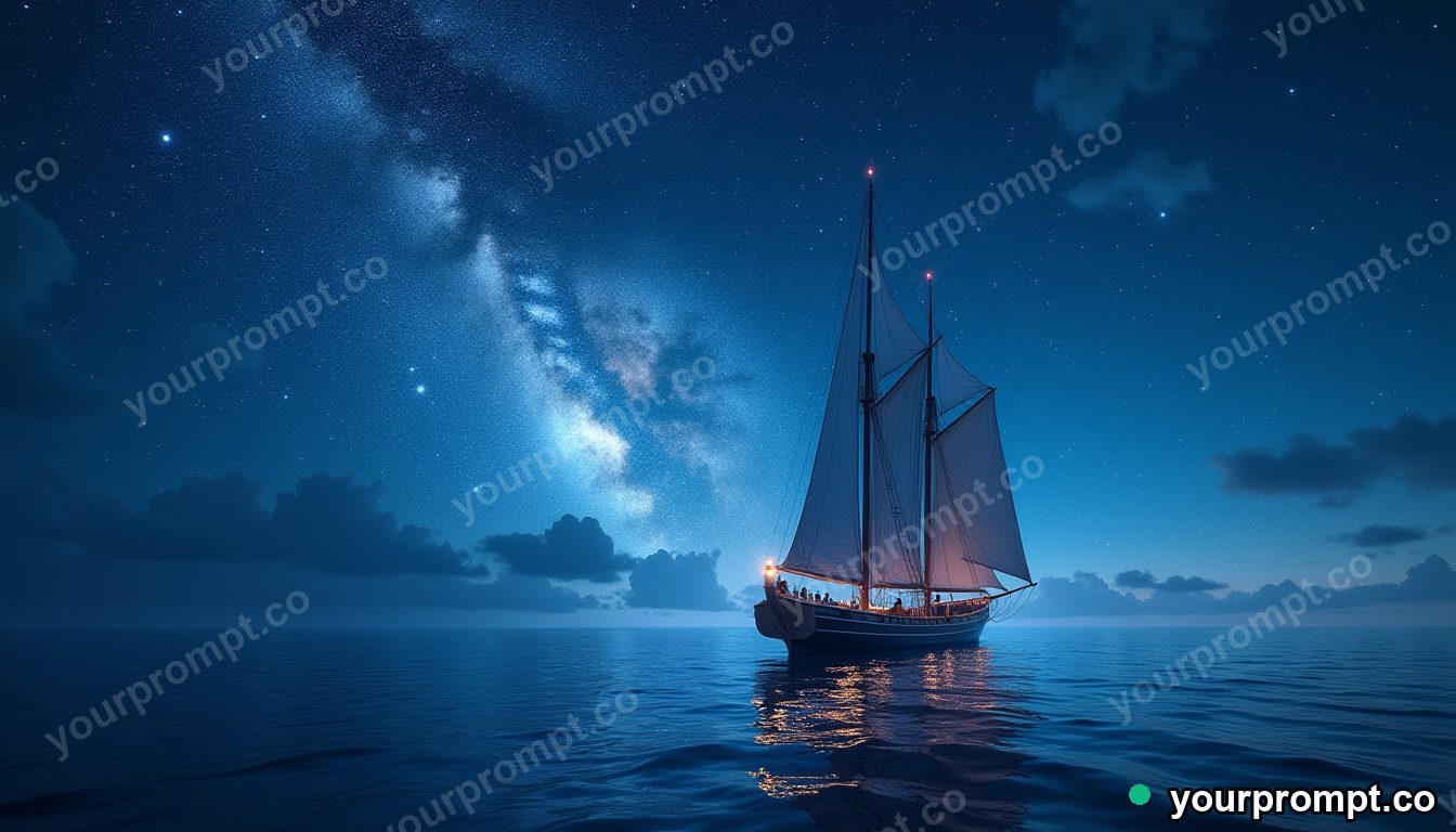 A sailing ship gliding along a ribbon of milky way across the sky in epic fantasy concept art style — AI-generated image from a text prompt