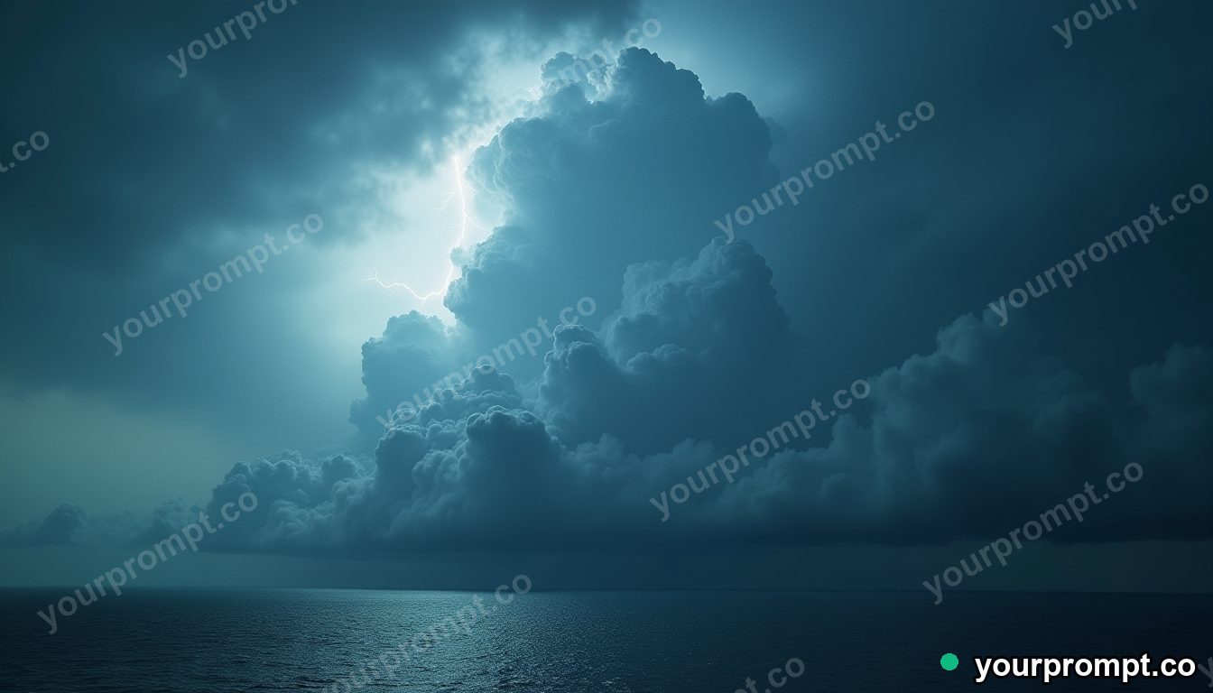A colossal storm cloud lit from within by lightning over the sea in cinematic film still style — AI-generated image from a text prompt