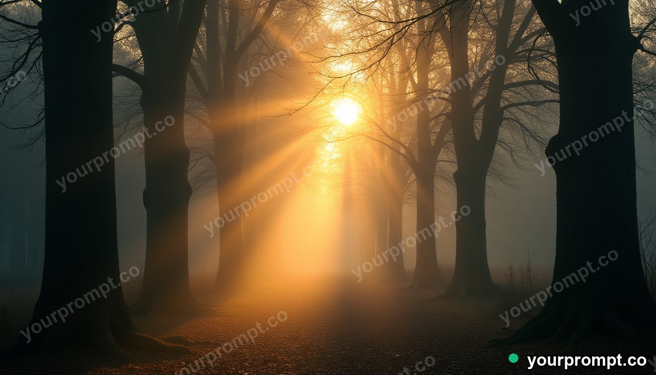 Sun rays breaking through a misty ancient forest canopy in golden-hour photography style — AI-generated image from a text prompt