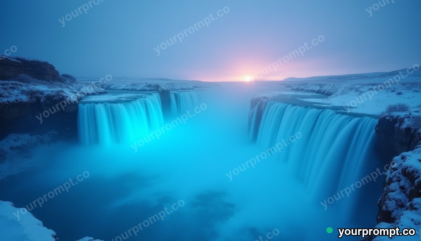 A frozen waterfall glowing blue at dawn in ethereal long-exposure style — AI-generated image from a text prompt