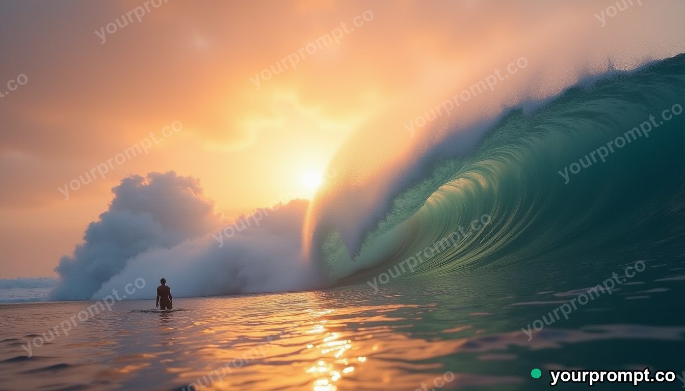 A lone surfer dwarfed by a giant glassy wave at sunset in photorealistic style — AI-generated image from a text prompt
