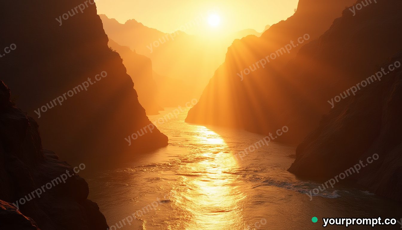 A canyon river glowing gold under a low sun in cinematic film still style — AI-generated image from a text prompt