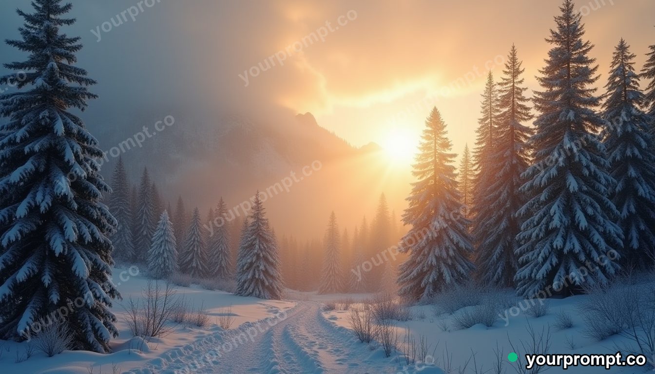 A snowstorm sweeping across a dark pine valley in golden-hour photography style — AI-generated image from a text prompt