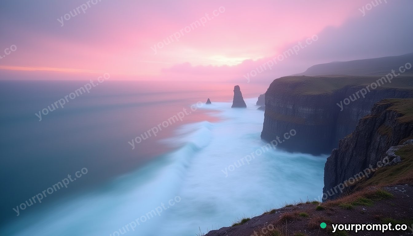 A coastal cliff with crashing waves under a pink sky in ethereal long-exposure style — AI-generated image from a text prompt