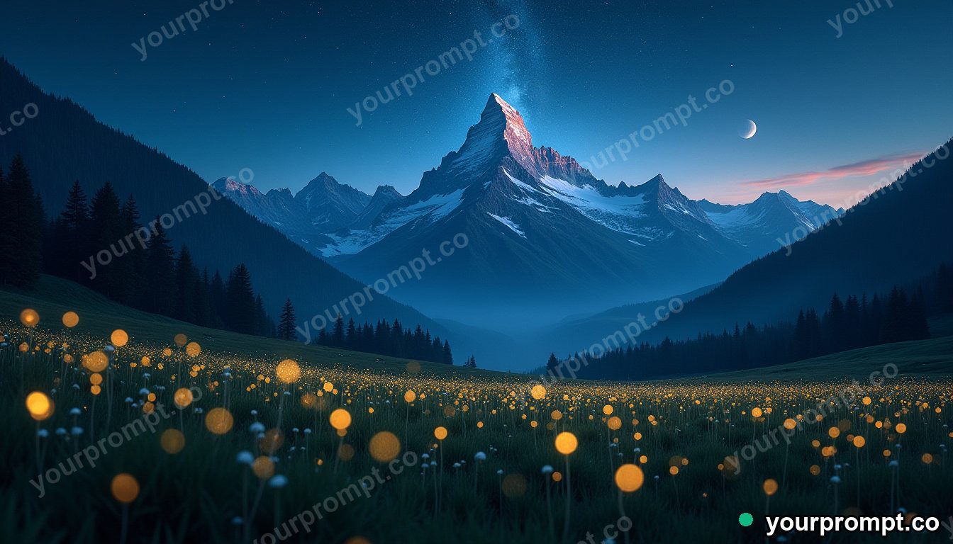 A meadow of fireflies beneath a starry mountain in photorealistic style — AI-generated image from a text prompt