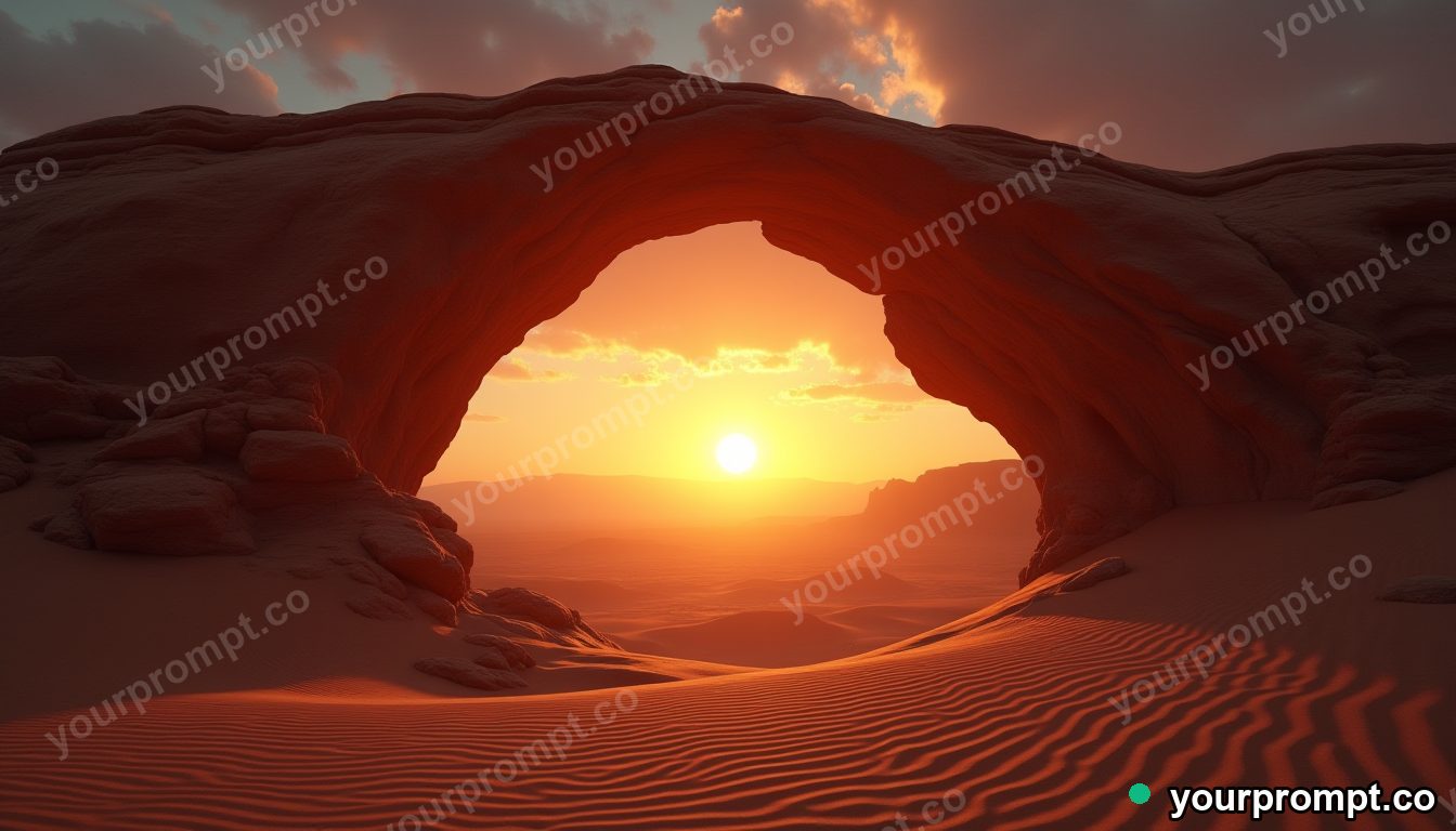 A desert arch framing the rising sun in cinematic film still style — AI-generated image from a text prompt