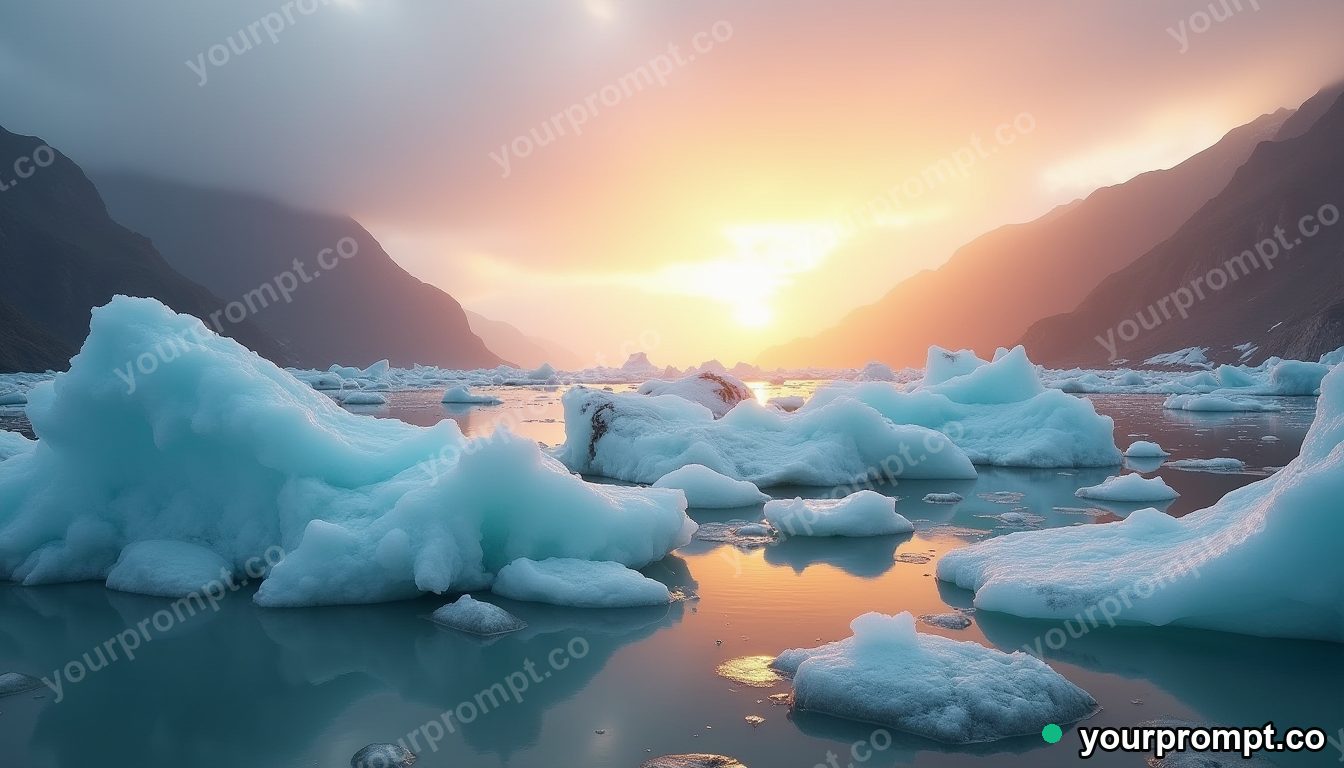 A glacier lagoon dotted with floating ice at dusk in golden-hour photography style — AI-generated image from a text prompt